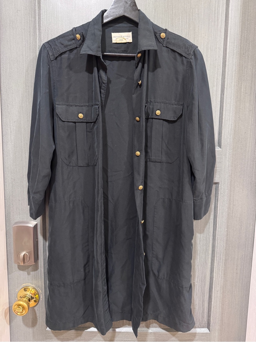 Denim & Supply Ralph Lauren Black Long Trench Shirt Coat with Gold Buttons